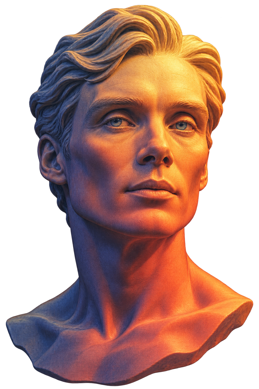 A sculpted portrait of Cillian Murphy in sunset gold, coral and dusk blue